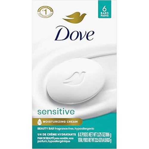 Dove Beauty Bar Soap Sensitive, 6 Bars for Sensitive Skin, Fragrance Free and Hypoallergenic 3.75 oz