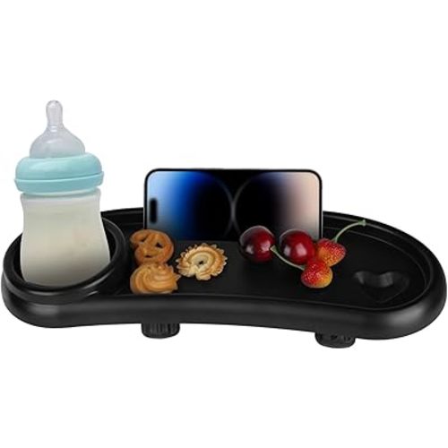 Universal Stroller Snack Tray with Cup Holder and Silicone Flexible Arms Gripper, Black Adjustable BPA-Free Non-slip Snack Tray for Stroller Accessories Easy to Clean