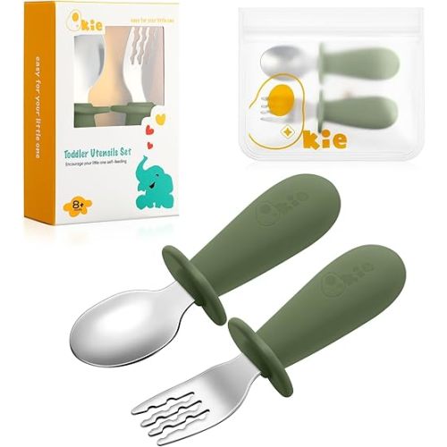 Toddler Utensils, Toddler Forks and Spoons, Baby Spoons Self Feeding, Stainless Steel Baby Silverware with BPA Free Silicone Easy Grip, 8 Months+ (Matcha)
