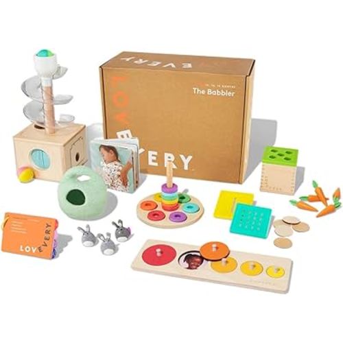 Lovevery | The Babbler Play Kit, Birthday Play Kit, Montessori Toddler Toy, 8 Play Products, 1 Board Book, and Play Guide (Best Birthday Gift for 1 Year Old), Medium