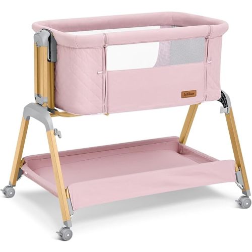 TotRun Bassinet Bedside Sleeper, Rocking Bassinets with Comfy Mattress and Wheels for Newborn, 5-Height Adjustable (Pink)