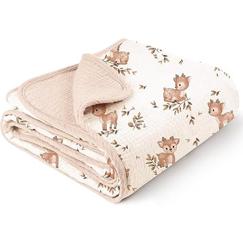 Konssy Muslin Baby Blankets for Girls Boys, 100% Cotton Crib Blanket for Baby Infant Toddler, Super Soft and Lightweight Nursery Blankets 40"x36" (Deer)
