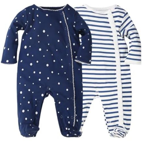 2 Pack Baby Boy Girl Jumpsuit 100% Cotton Footie Long Sleeves Side Snap Summer Outfits for 0-12 Months