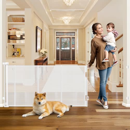 Reinforced 100” Extra Wide Dog Gate Indoor Doorway, 33” Tall Retractable Baby Gate No Bottom Bar, 8.33ft Outdoor Pet Gates for Wide Openings, Anti-Scratch Durable Mesh Gates for Kids or Pets, White