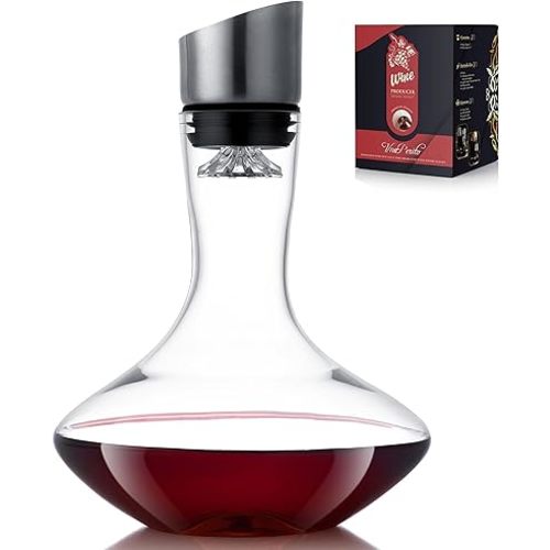 Wine Decanter,Red Wine Carafe,Decanter with Built-in Aerator Pourer, 100% Hand Blown Lead-free Crystal Glass with Stainless Steel Pourer Lid, Filter, Wine Gifts for Men