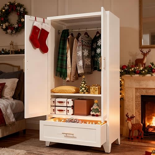 60" Metal Armoire Wardrobe Closet with 1 Drawer, Freestanding Arched 2-Door Tall Clothing Storage with Adjustable Shelves and Hanging Rod for Bedroom Dorm, White