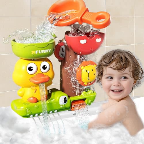 Toddler Bath Toys,Baby Waterfall Bathtub Toy with 3 Strong Suction Cups, Interactive Infant Bath Tub Playset, Fun Duck Bath Time Summer Pool, Shower Toys for 6-12 Months 1 2 3 Year Old Boy Girl Gifts