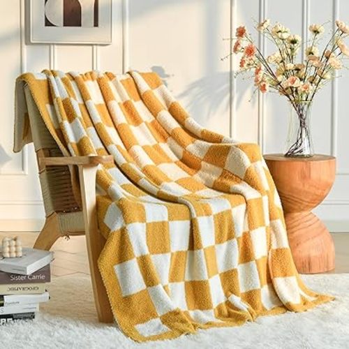 Xiashrk Checkered Throw Blanket for Couch, Checkerboard Blankets for Sofa Bed, Cozy Checkered Decorative Travel Blanket for Living Room Camping (Yellow, Throw 50"x60")