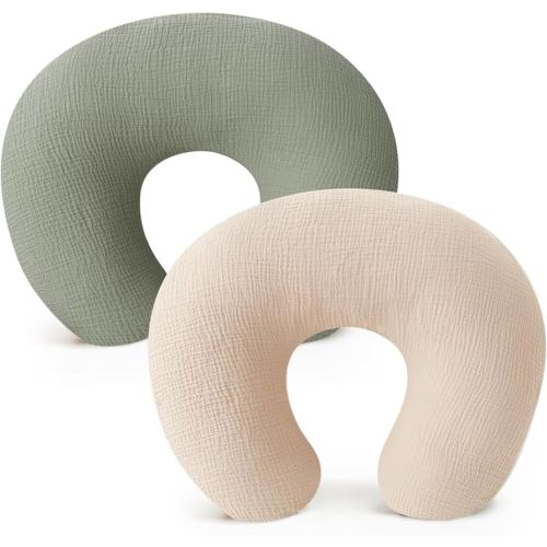 Konssy Muslin Nursing Pillow Covers, Soft and Cute Nursing Covers for Breastfeeding Pillows, Ideal for Newborn Baby Boys and Girls (Fog Green, Cream) - 2 Pack