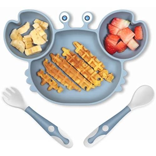 ROCCED Suction Plates for Baby, Silicone Plates with Suction for Baby Divided, Baby Spoon Fork Set for Toddler Baby Dishes Kids Plates and Utensils-Crab Blue