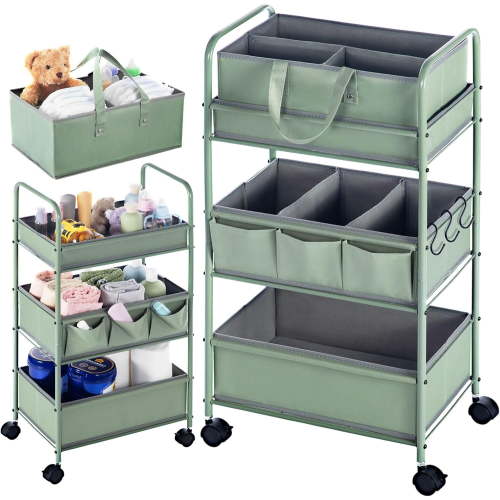 2in1 Baby Diaper Caddy Organizer Cart 3 Tier Large Capacity Metal Utility Bedside Rolling Cart with Divider Newborn Registry Nursery Essential Must Have Crib Bedroom Baby Shower(Green)