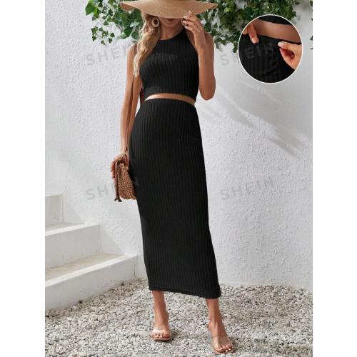 SHEIN Maternity Solid Crop Halter Top & Adjustable Waist Skirt