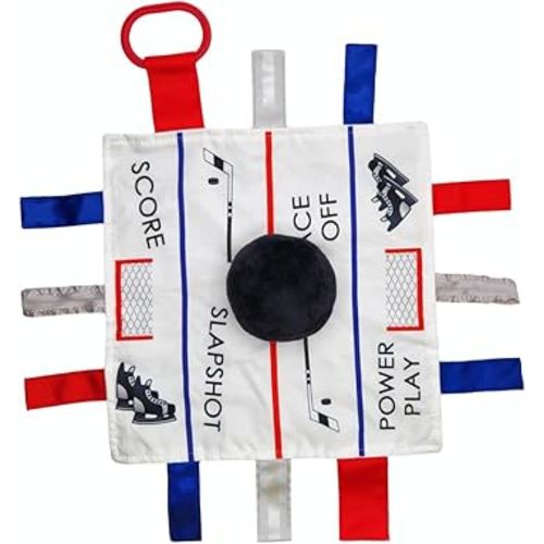 Baby Jack & Co 10x10” Hockey Puck Ice Rink Slapshot Lovey Tag Toy - Crinkle Toy for Developing 5 Senses - Soother - Learn Shapes & Colors - Travel Gift - BPA Free w/Stroller Clip