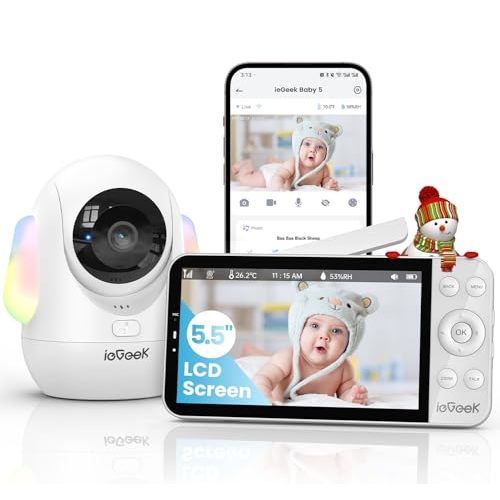 ieGeek 5.5" Baby Monitor,Audio Monitor with 2.5K Ultra HD 2.4G&5Ghz WiFi Camera,Night Light,Face Covering&Cry Detection,Two-Way Talk,Night Vision,Temp&Humidity Sensor,4000mAh Battery,App Control