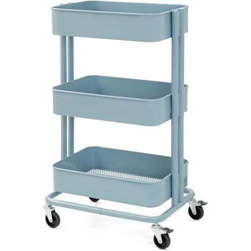 3 Tier Rolling Cart Metal Heavy Duty Utility Cart with Silent Caster Lockable Wheels Multi-Functional Organization Carts Storage Trolley with Mesh Shelves for Office Kitchen Living Room Blue