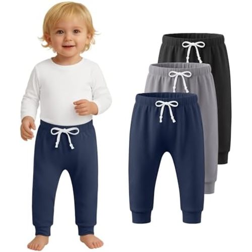 3 Pack Toddler Pants Pull On Baby Boys and Girls Sweatpants Basic Casual Kids Soft Joggers with Drawstring