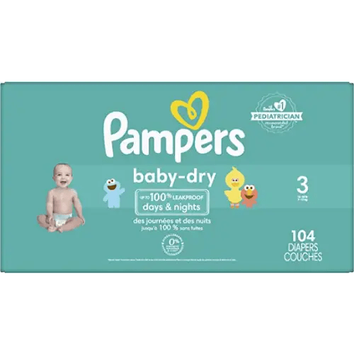 Diapers Size 3, 104 Count - Pampers Baby Dry Disposable Baby Diapers, Super Pack, Packaging & Prints May Vary