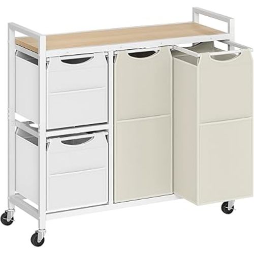 HOOBRO Laundry Sorter with 4 Section, 39 Gal. (147 L) Laundry Hamper with Wheels, Rolling Laundry Basket with Shelves, Pull-Out Detachable Bags, Side Pockets, White, Natural and Beige WNE14XY01N1