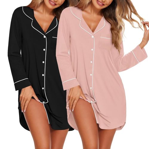 Ekouaer 2 Pack Nightgowns for Women Long Sleeve Night Shirt Button Down Sleep Shirt V-Neck Sleep Dress Pajama Sleepwear