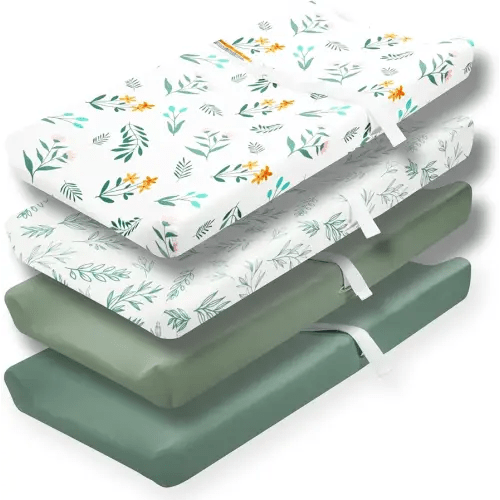 4 Pack Sage Green Fitted Nursery Sheets Breathable Neutral Unisex Baby Sheets for Boys or Girls with Leaf and Flower Design (Changing Pad Cover)