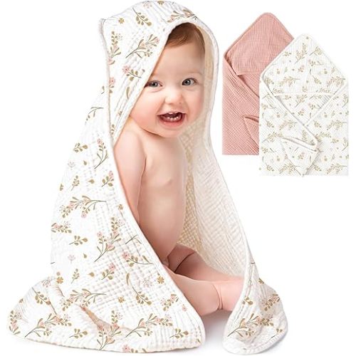 Konssy 2-Pack Muslin Hooded Baby Towels, 100% Cotton, Ultra-Soft & Absorbent Baby Bath Towels with Hood for Newborn & Infant (Pink, Floral,37.5" x 37.5")