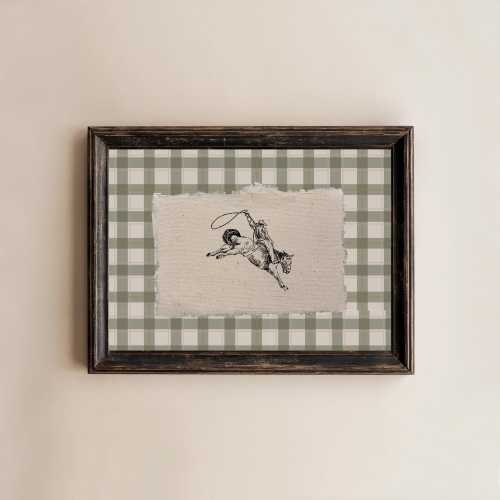 green plaid cowboy wall art, vintage western rodeo decor, farmhouse decor, country nursery wall art boy room wall decor, cowboy horse sketch