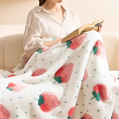 Bedsure Cute Strawberry Decor Throw Blanket Pink for Kids - Soft Fleece Throw Home Decor for Girls Women Teens as Birthday, GentleSoft Cozy Fruit Pattern Blankets for Couch Bed, 50x60