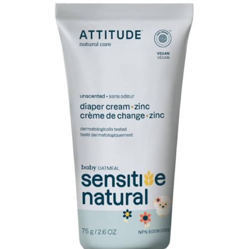 ATTITUDE Diaper Cream with Zinc & Oatmeal for Baby with Sensitive Skin, Plant and Mineral Based, Dermatologically Tested, Vegan, Unscented, 2.6 Oz