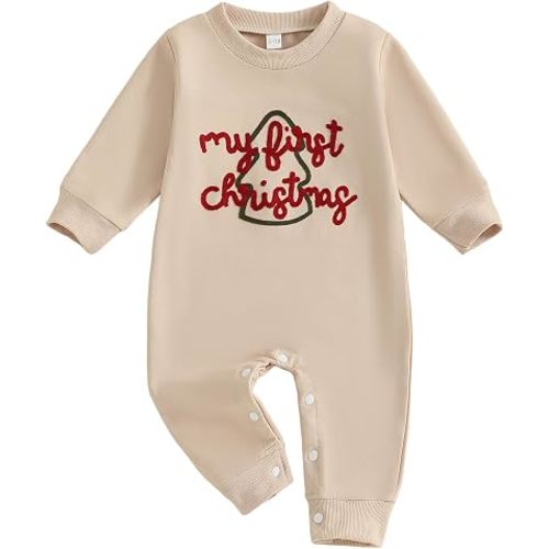 Sasaerucure Baby Boy Long Sleeve Christmas Tree Embroidery Romper | First Christmas Outfit Embroidered Christmas Tree Onesie Newborn Infant Long Sleeve Romper Clothes