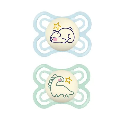 MAM Perfect Night Baby Pacifier, Patented Nipple, Glows in The Dark, 2 Pack, 0-6 Months, Boy