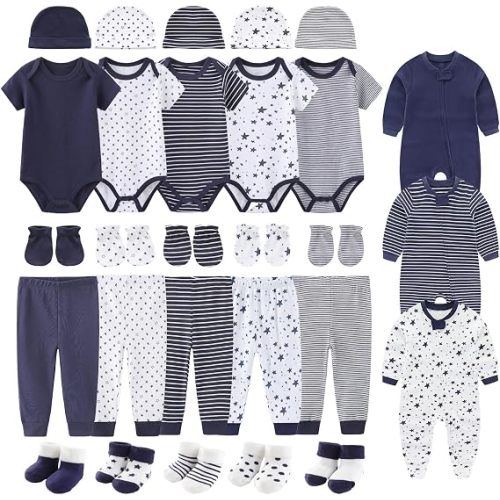 28Pcs Baby Layette Set Rompers Bodysuits Pants Socks Mittens Hats | 100% Cotton Newborn Essentials,Baby Accessories Set,2-Way Zipper Long Sleeve Footed Rompers,Button Short Sleeve Bodysuits