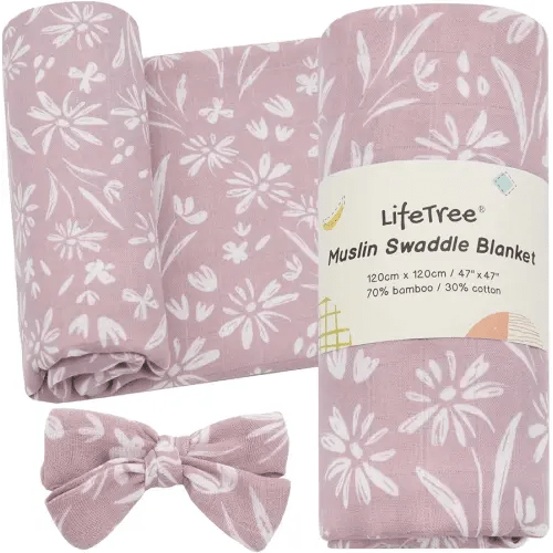 LifeTree Baby Swaddle Blanket and Bow Set, Mauve Floral Muslin Newborn Swaddle Set with Matching Headband Bow, Infant Receiving Blanket Wrap, 47 x 47 inches, 70% Viscose from Bamboo and 30% Cotton