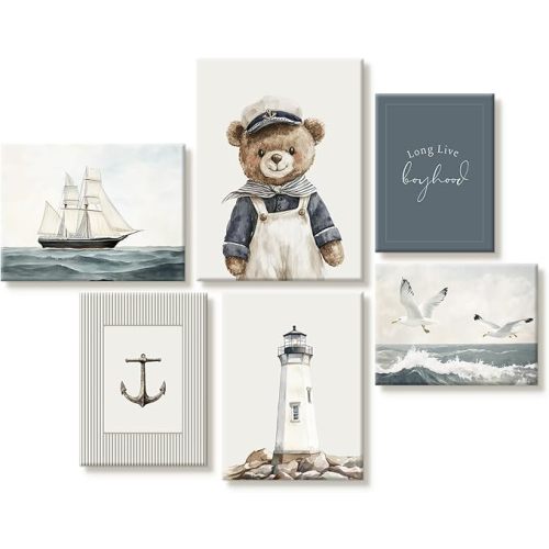 Teddy Bear Nursery Wall Art Baby Boys Room Canvas Poster Vintage Nursery Wall Decor Kids Room Coastal Prints Sailor Bear Pictures Nautical Sailboat Painting Artwork for Bedroom 8x10 Inch Ready to Hang