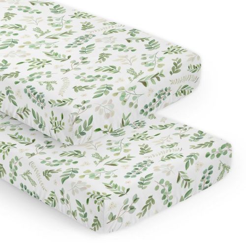 Sweet Jojo Designs Gender Neutral Fitted Crib Sheets Set Botanical Green and White 2pc