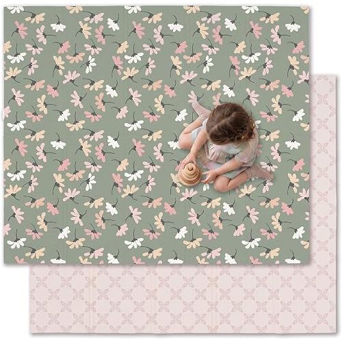 JumpOff Jo Foldable Foam Play Mat – Large Waterproof Baby & Toddler Activity Floor Mat, Double-Sided 70 x 59 Inch Play Surface - Garden Party