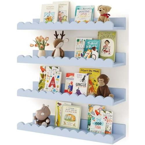 Nursery Book Shelves, 4-Pack White Floating Shelves for Wall Kids, Scalloped Shelves, Wall Book Shelves for Bedroom Kids, Toddler Room, Baby Room, Nursery Decor (Blue, 16.5 Inches)