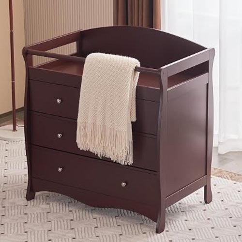 Brown Painted Surface MDF Three-Layer Drawer 90.5 * 58 * 92cm Wooden Bed with Safety Belt and Diaper Changing Table