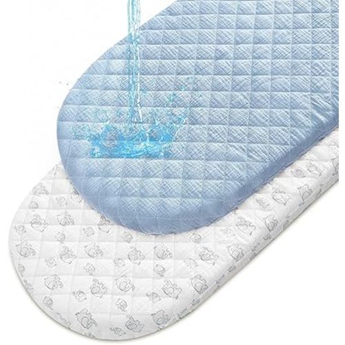 Muslin Bassinet Sheets Waterproof Baby Bassinet Mattress Sheets 2 Pack Thickened Ultra Soft Fitted Crib Cover 33" x 17" for Oval Cradle, Rectangular Mattress Pad, Blue