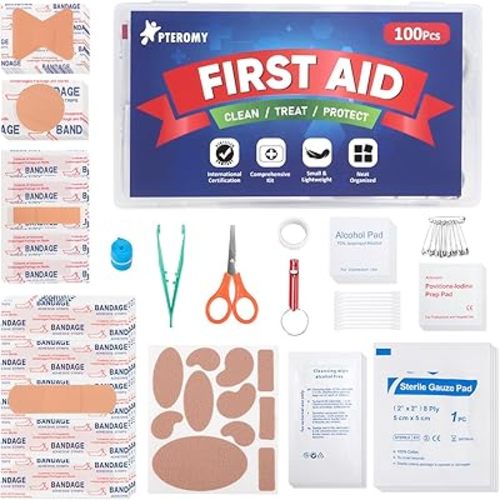 PTEROMY 100 Piece Mini First Aid Kit, Portable Small Emergency Kits Compact 1st Aid Kit for Car, Travel, Home, Camping, Outdoor, Hiking