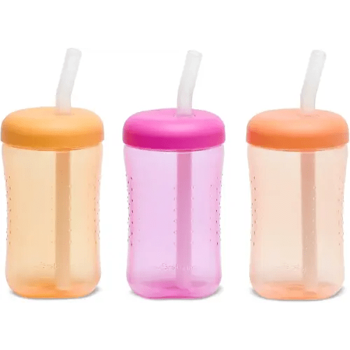 The First Years Squeeze & Sip Toddler Straw Cups - Squeezable Transition Sippy Cup with Silicone Straw - Toddler Feeding Supplies - Yellow/Pink/Orange - 7 Oz - 3 Count - Ages 6 Months and Up