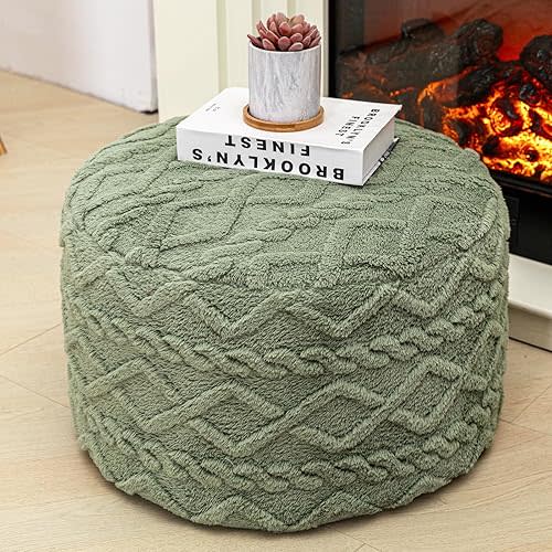 Round Pouf Ottoman Stuffed 20x12 Inches Floor Pouf Chair for Living Room Bedroom Modern Foam Pouf Ottoman Foot Rest for Couch Home Decor Pouffe Sage Green