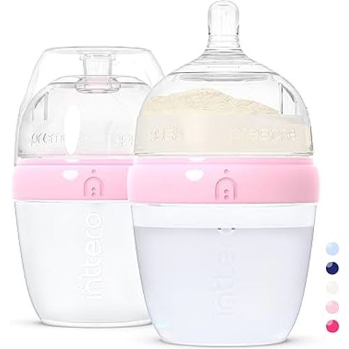 INTTERO Anti-Colic Formula Making Dispenser Baby Bottles, 6oz with Flow 1 Nipples, 2pk, Cute Pink — Everyday Baby Essential — Formula Bottles — Easy Pop and Yummy Mixie — Biberones para Bebes