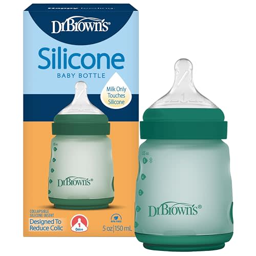 Dr. Brown's Silicone Baby Bottle, 5 oz, Level 1 Nipple, 0m+, Green, 1-Pack | Silicone baby bottle with collapsible insert designed to reduce colic, milk only touches silicone, Wide-Neck nipple