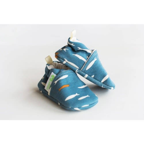 Organic Cotton Baby Shoes: Vegan Salmon Run Print, Soft Sole