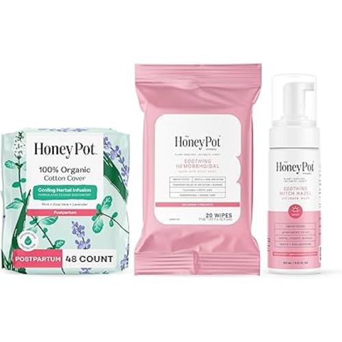 The Honey Pot Company - Postpartum Essentials Bundle - 48ct Postpartum Pads, Witch Hazel Feminine Wash, 20ct Witch Hazel Feminine & Hemorrhoid Wipes