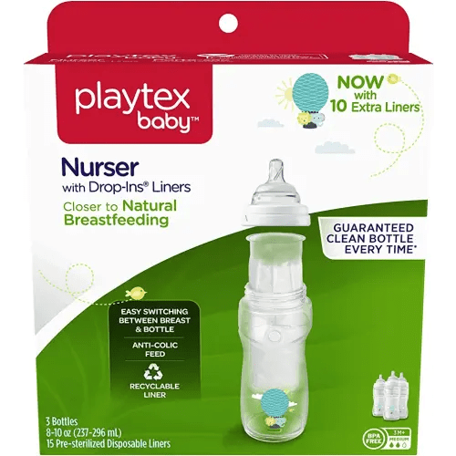 Playtex Baby Nurser Bottle with Pre-Sterilized Disposable Drop-Ins Liners, Closer to Breastfeeding, 8 Ounce Bottles, 3 Count