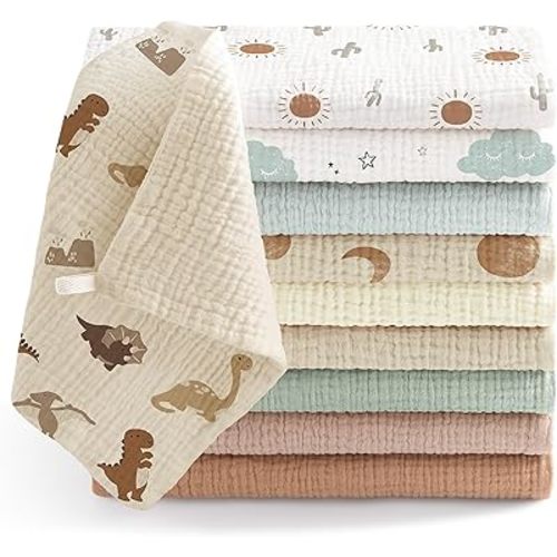 Bearmoss Muslin Baby Washcloths 100% Cotton Bath Wash Cloth Large Burp Cloth Baby Face Towel for Newborn Baby Boy Girl, 10x10inch 10Pack (Dinosaur)