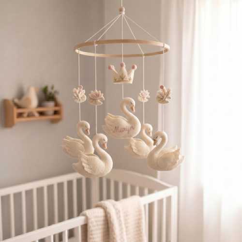 Swan Baby Mobile for Nursery, White Swan Crib Mobile with Pink Bows, Girl Nursery Decor, Princess Theme Baby Shower Gift, Felt Swan Hanging