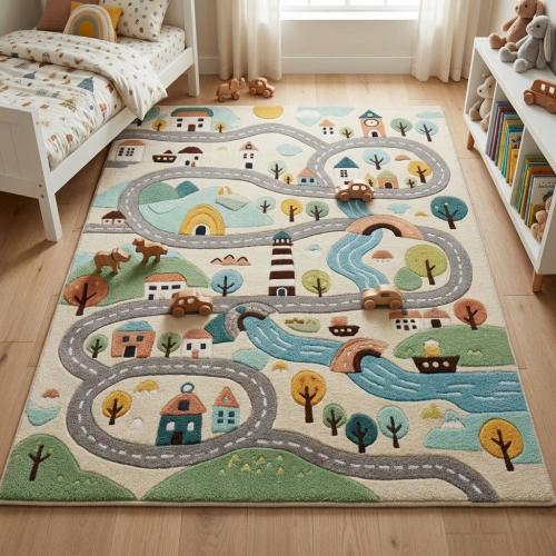Kids Road Map Play Rug | Soft Tufted Activity Carpet | Car Track Rug for Boys & Girls | Non-Slip Kids Area Rug, 4x7 Rug, Bedroom Rug,Custom.