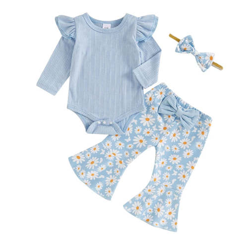 Baby Girl 3Pcs Fall Outfit Long Sleeve Ribbed Romper Daisy Flower Flar – August + Willow